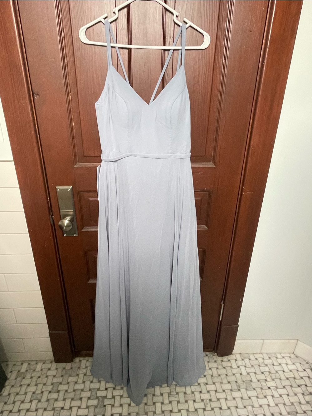 Azazie Dusty Blue Double-Strap V-Neck Maxi Dress